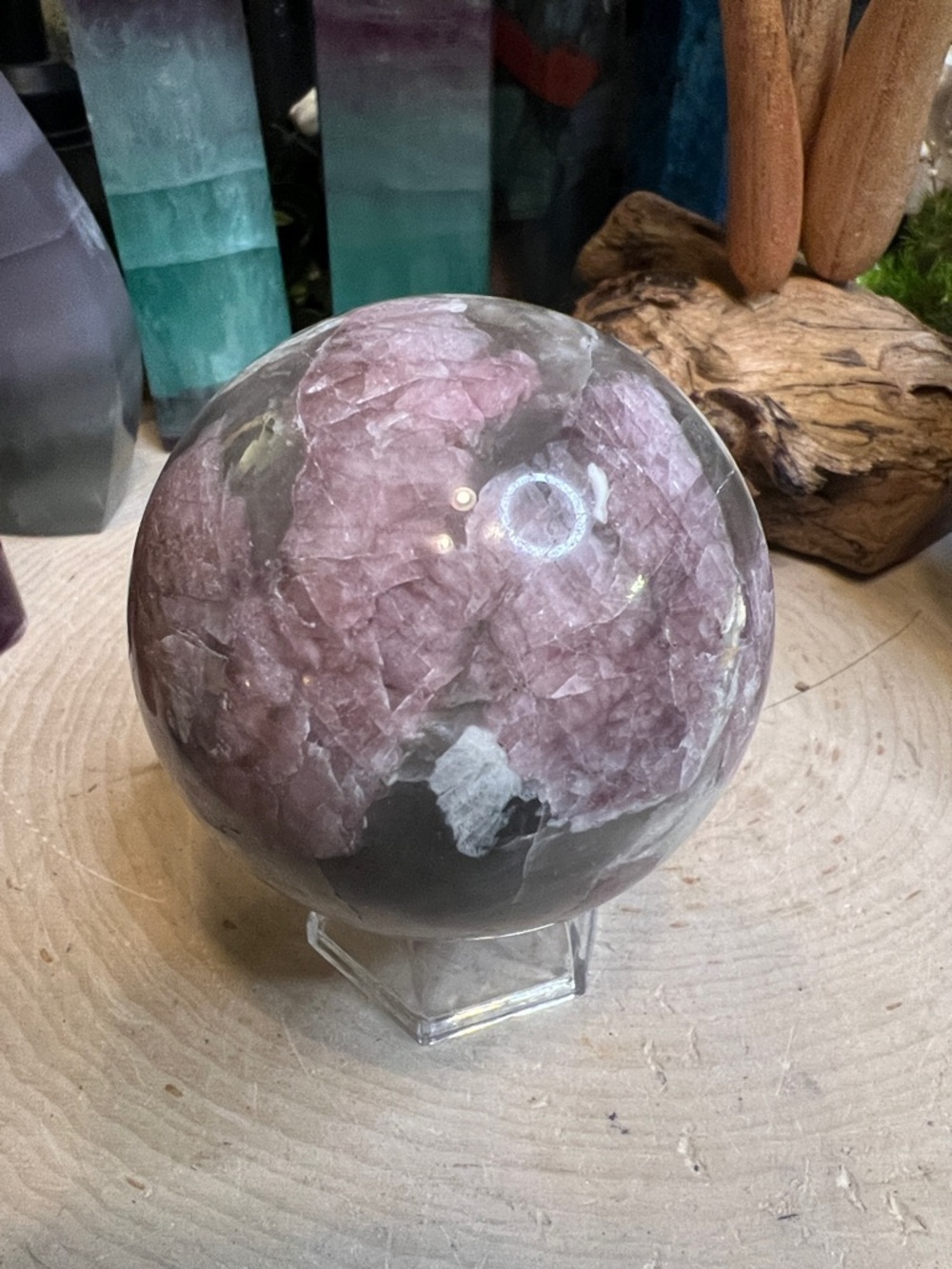 Pink tourmaline and smoky quartz sphere